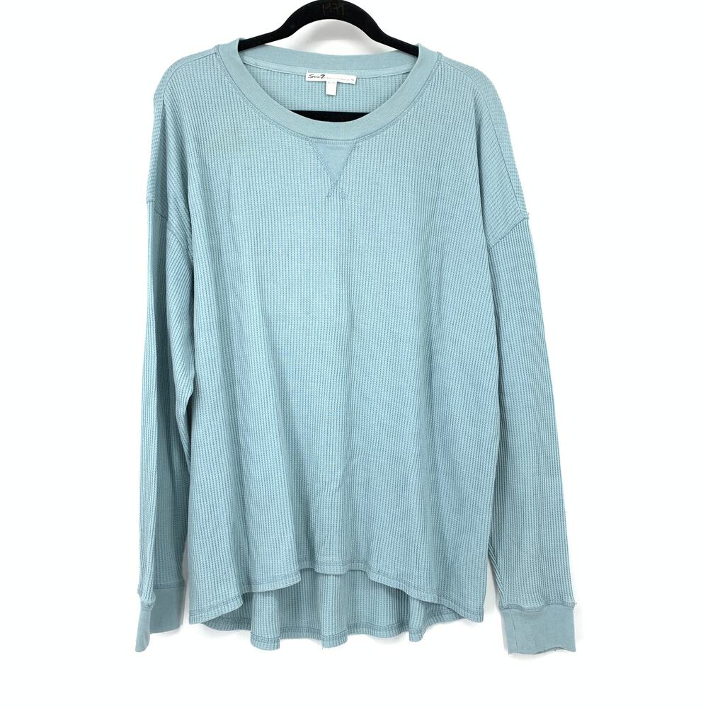 Seven7 Crew Neck Long Sleeve Thermal Waffle Knit Top Womens XL Blue